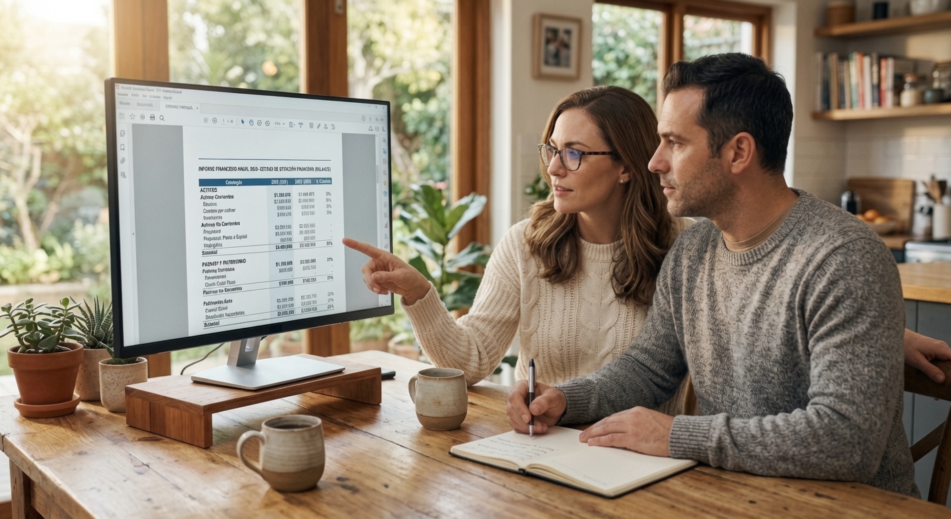 Pareja revisando el reporte financiero mensual de Plata en Pareja