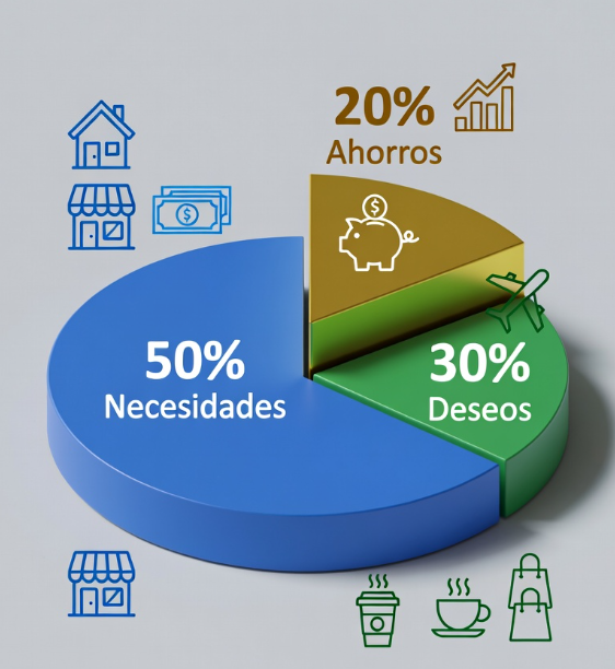 Gráfico de torta: regla 50/30/20 — 50% necesidades, 30% deseos, 20% ahorros