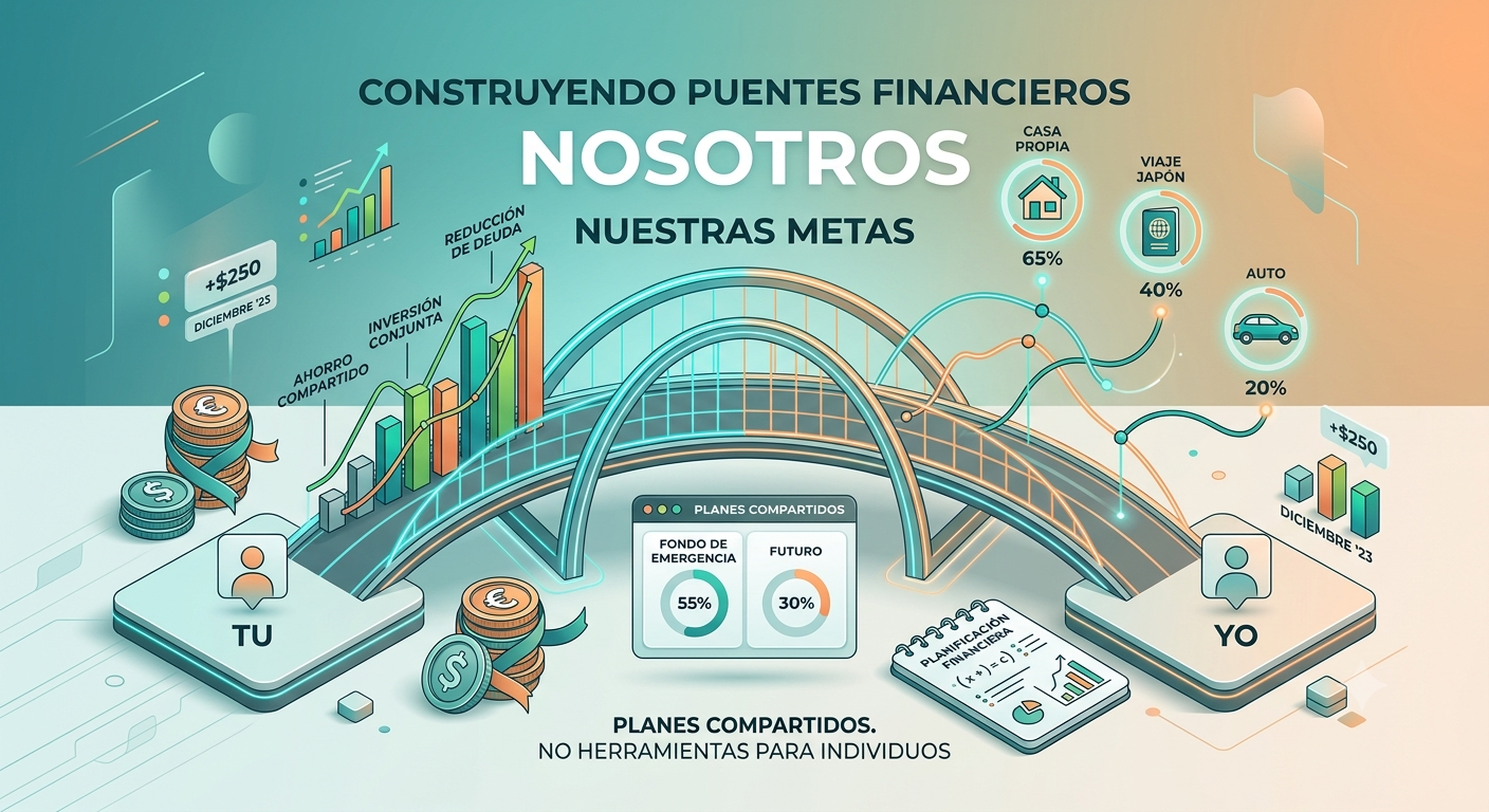 Ilustración de dos personas construyendo un puente financiero juntas, representando planes compartidos en pareja